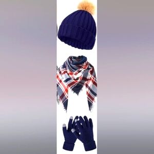 NEW Plaid Knit Blanket Scarf, Touchscreen Gloves & Pom Beanie Set